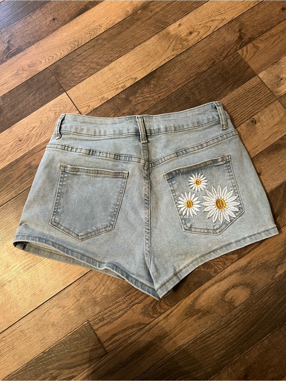 Light Blue Denim Shorts with Daisy Embroidery